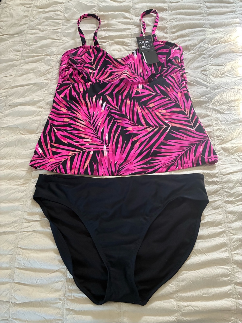 Island Escape Pink Palm Print Tankini Top with Black Bottoms